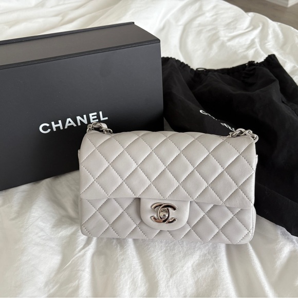 CHANEL Handbags - Chanel Light Grey Rectangle Mini Lambskin Classic Flap Silver Hardware